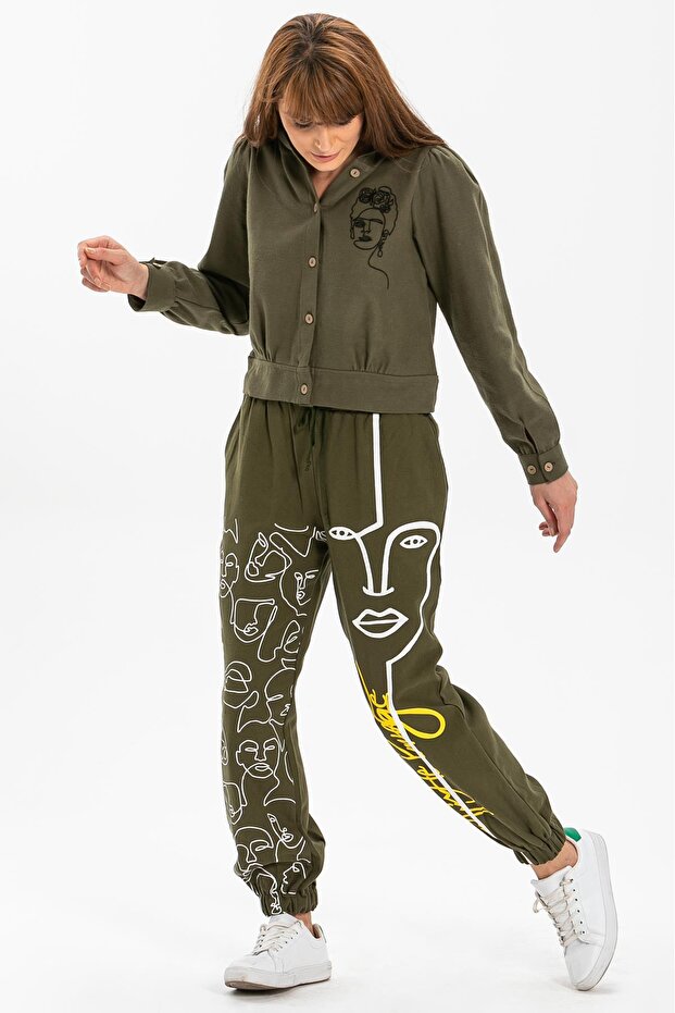 Irem Printed Flannel Autumn and Winter Trousers Khaki Hk