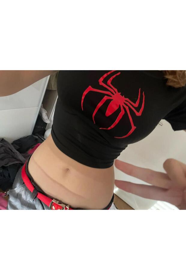 Y2k Spider Baskılı Siyah Crop - 2