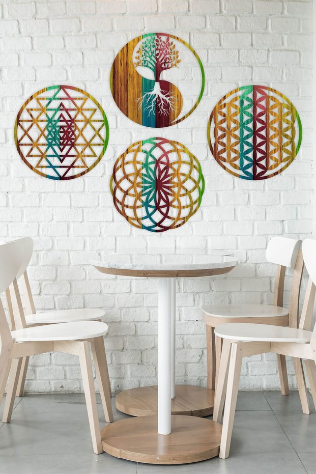 Flower of Life, Sri Yantra, Torus and Yin Yang Set of 4 Wall Painting
