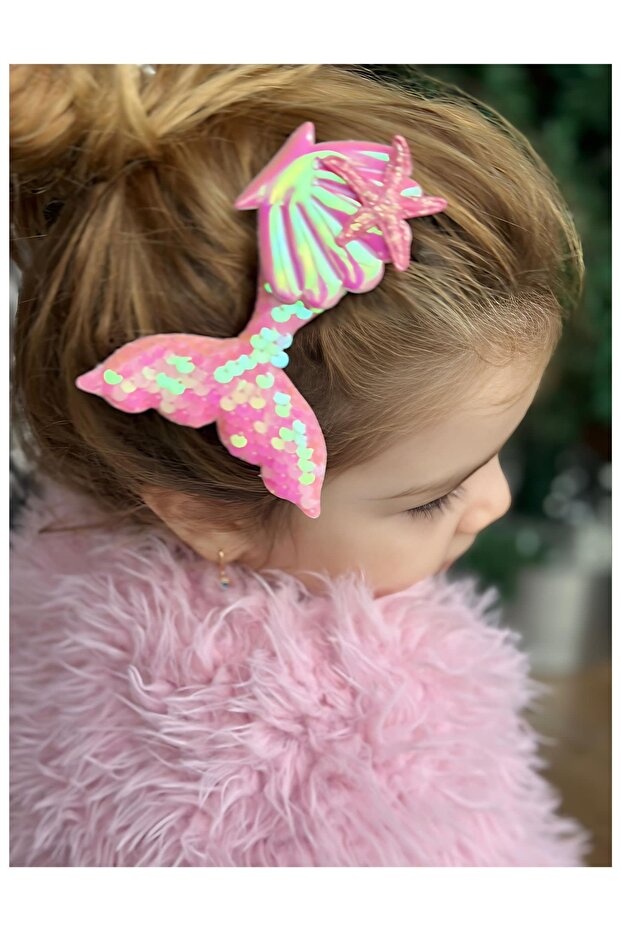 Trend Giant Large Bright Pink Sequin Glitter Mermaid Tail Shell Star Collet Clip Side Buckle