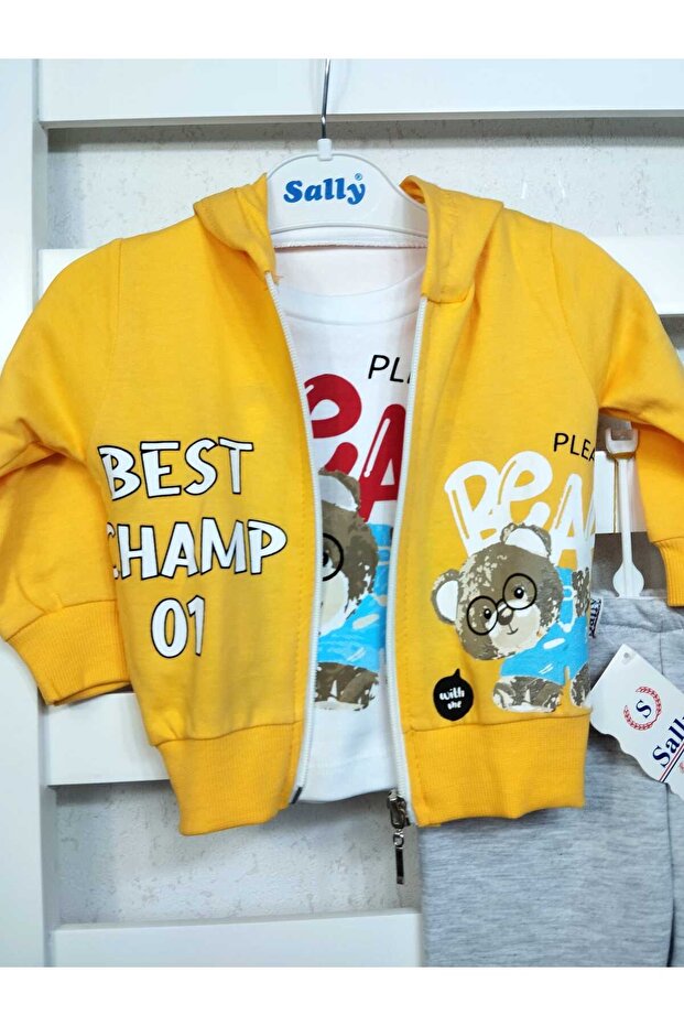 2-thread Seasonal 3-Piece Set, Bear Pattern, Text, Zipper, Hooded, Bottoming Top Set, Tracksuit Set