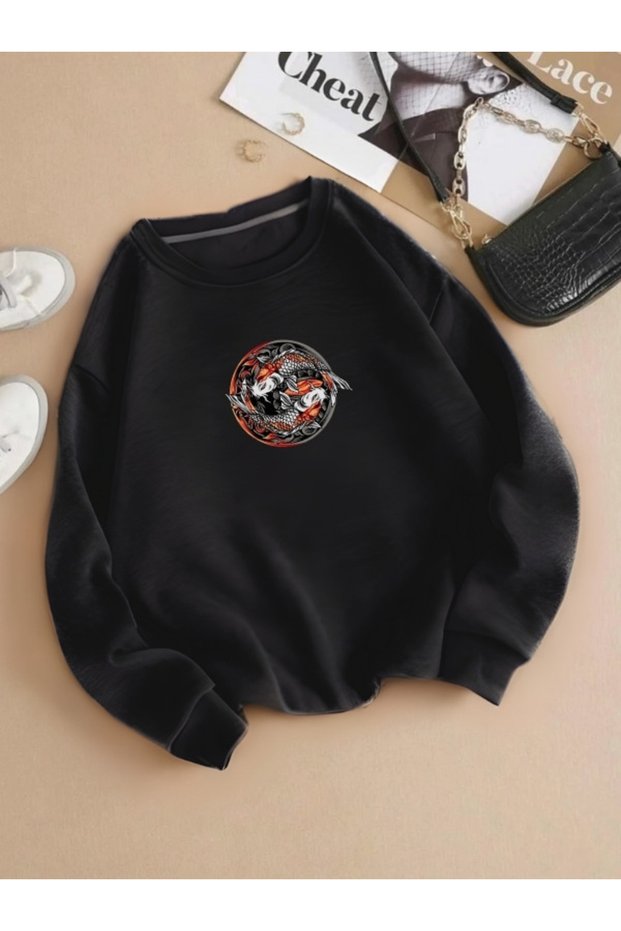 Ying Yang Koi Printed Sweatshirt - Black and Gray Printed Oversize Thick Winter Hoodie