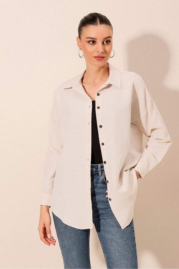 20203 Oversize Basic Keten Gömlek - Krem - 3