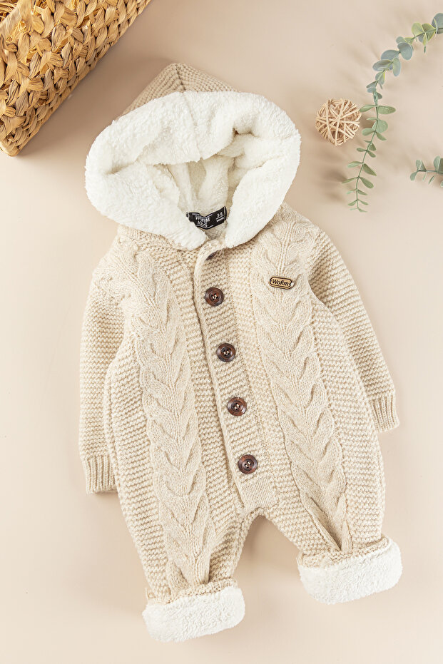 Kışlık Triko Örme Kapüşonlu Welsoft Bebek Tulum - 1