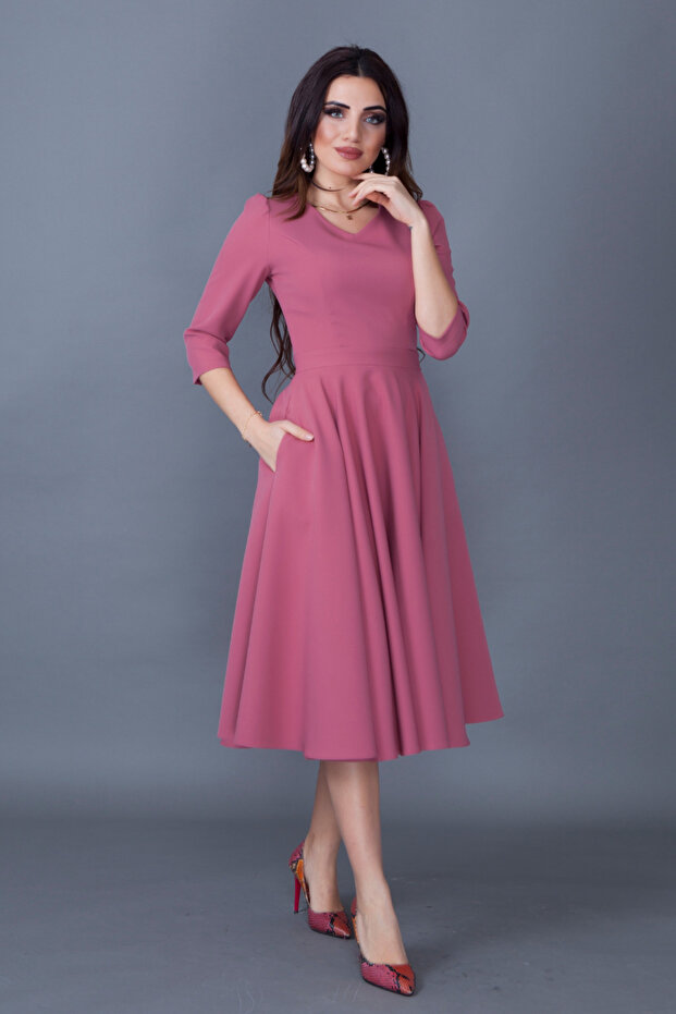Dried Rose Three-Quarter Sleeve V-Neck Pocket Woven Draped Fabric Flared Midi Dress