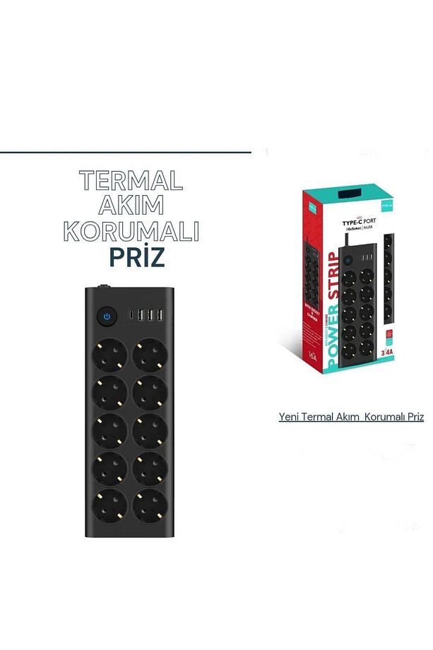 10'lu PRİZ, 3 USB, 3.4 Amper, 1 Type-C Girişli 16A Akım Korumalı Uzatma Kablolu Priz Çoklayıcı - 4