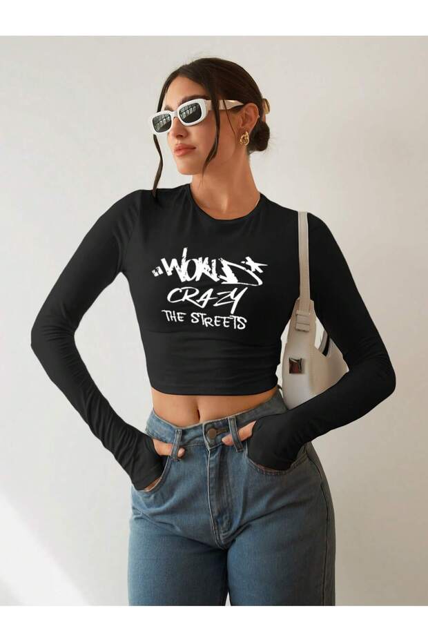 Kadın Siyah Baskılı Bisiklet Yaka Uzun Kollu Y2K Fitilli Crop Bluz - 4