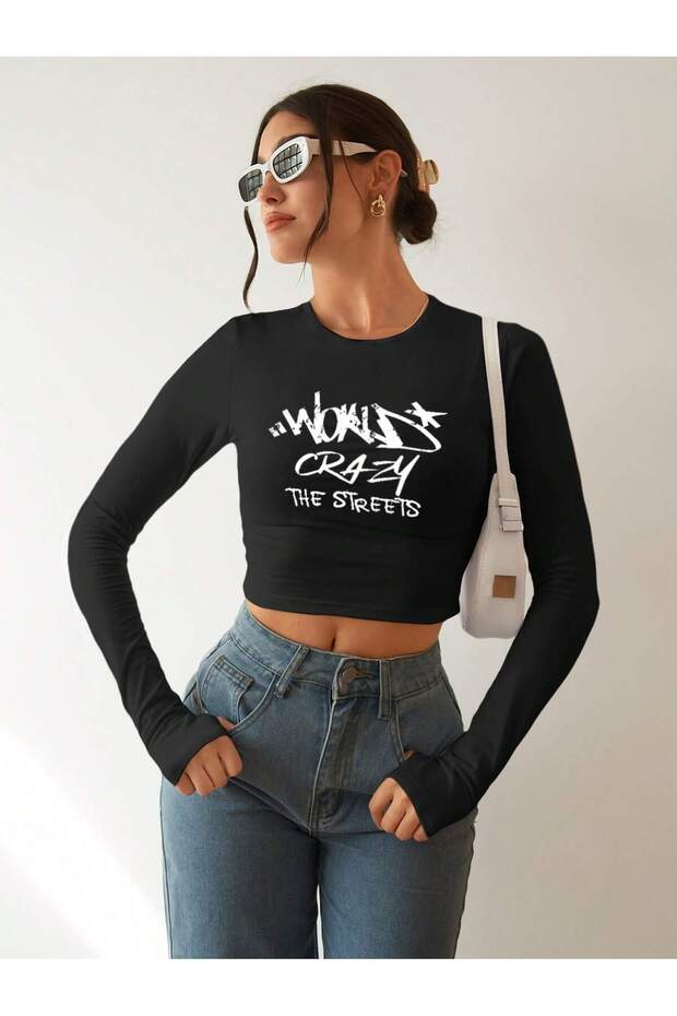 Kadın Siyah Baskılı Bisiklet Yaka Uzun Kollu Y2K Fitilli Crop Bluz - 3