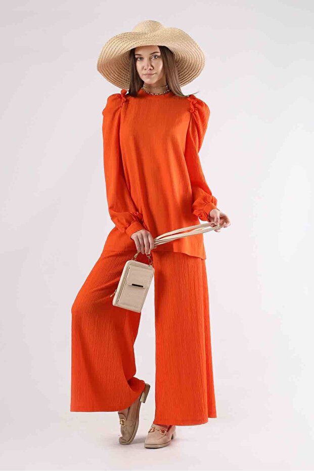 Balloon Sleeve Trousers Suit Orange