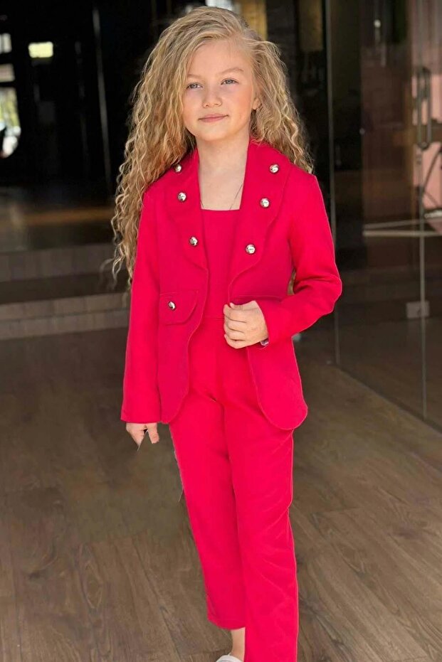 Girl's Silver Button Detailed Blazer Jacket and Fuchsia Bottom and Top Set