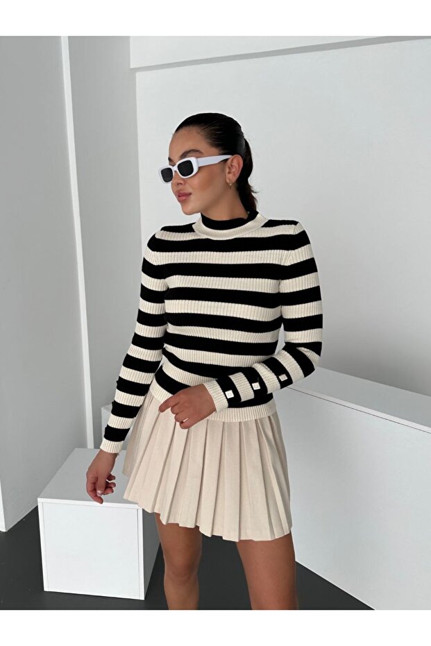 Black Striped Button Detailed Knitwear Sweater