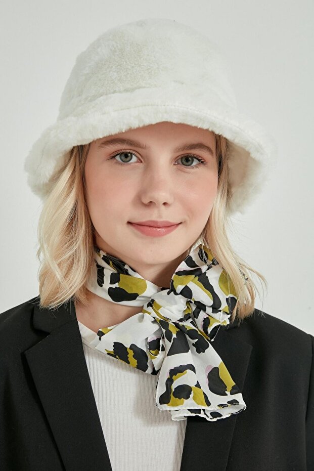 Soft Textured White Plush Bucket Hat