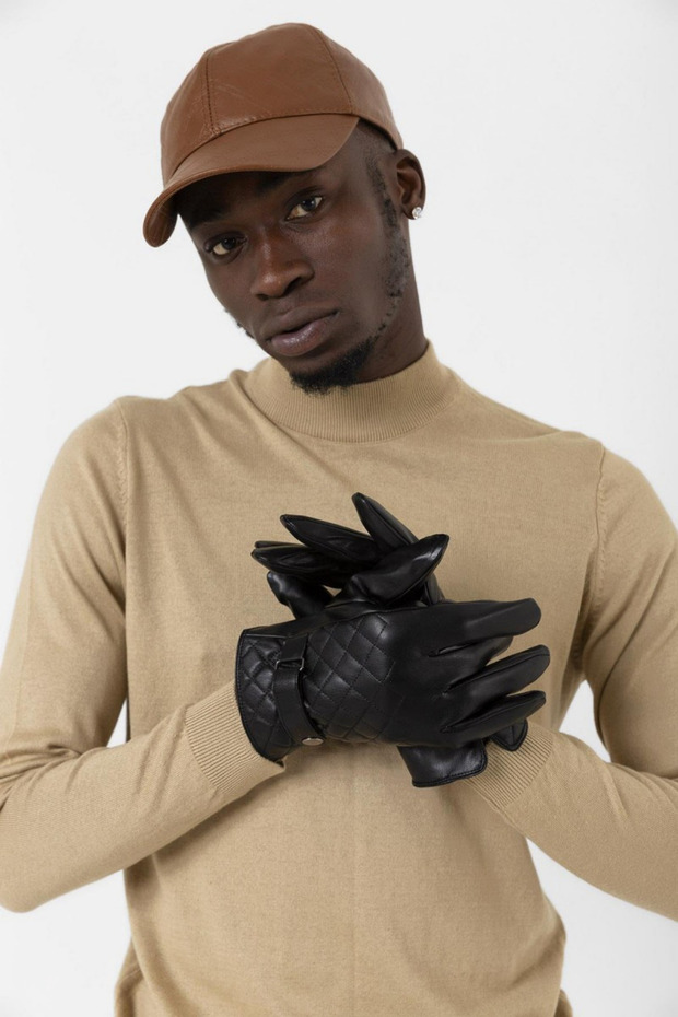 Erkek Siyah Deri Kapitone Eldiven - 6