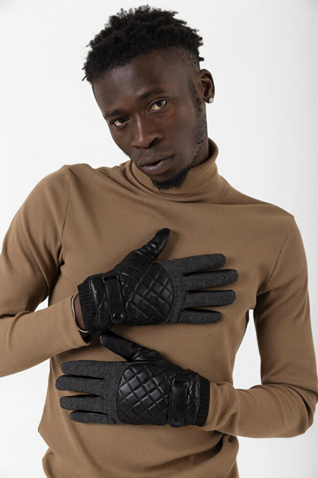 Erkek Siyah Deri Kapitone Eldiven - 3