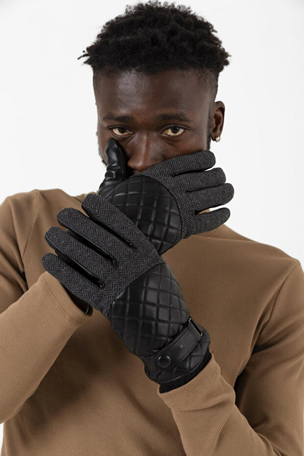 Erkek Siyah Deri Kapitone Eldiven - 1