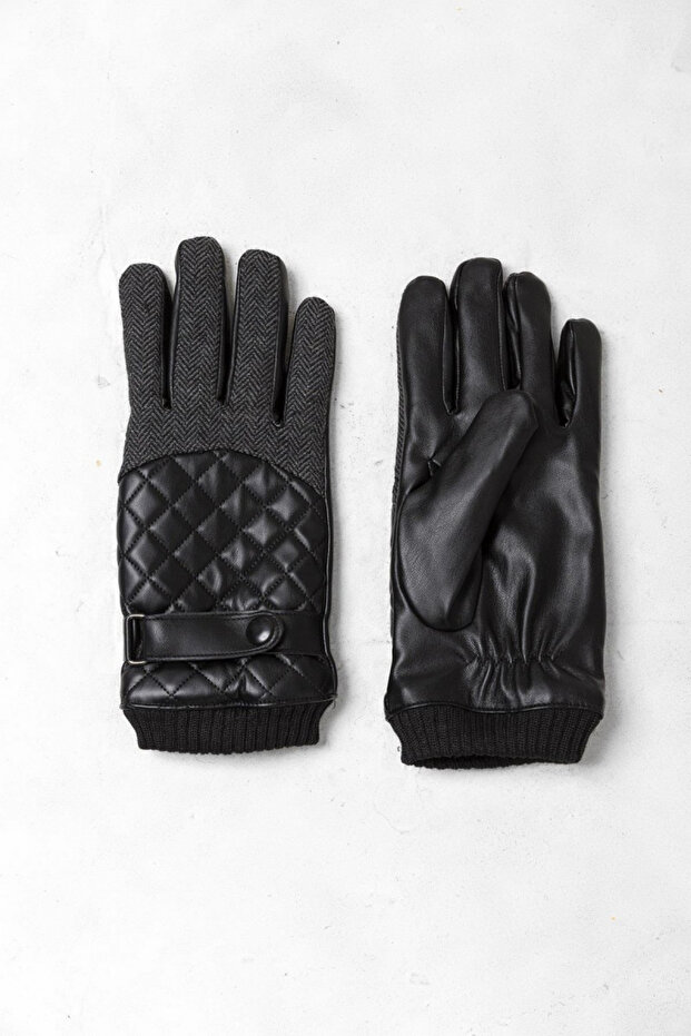 Erkek Siyah Deri Kapitone Eldiven - 2