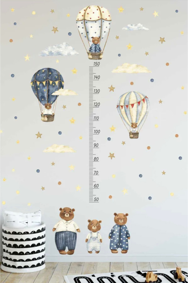 Height Gauge Teddy Bear Flying Balloons Height Ruler Kids Room Wall Sticker Set