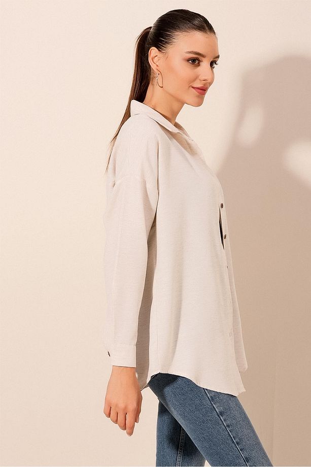 20203 Oversize Basic Keten Gömlek - Krem - 4