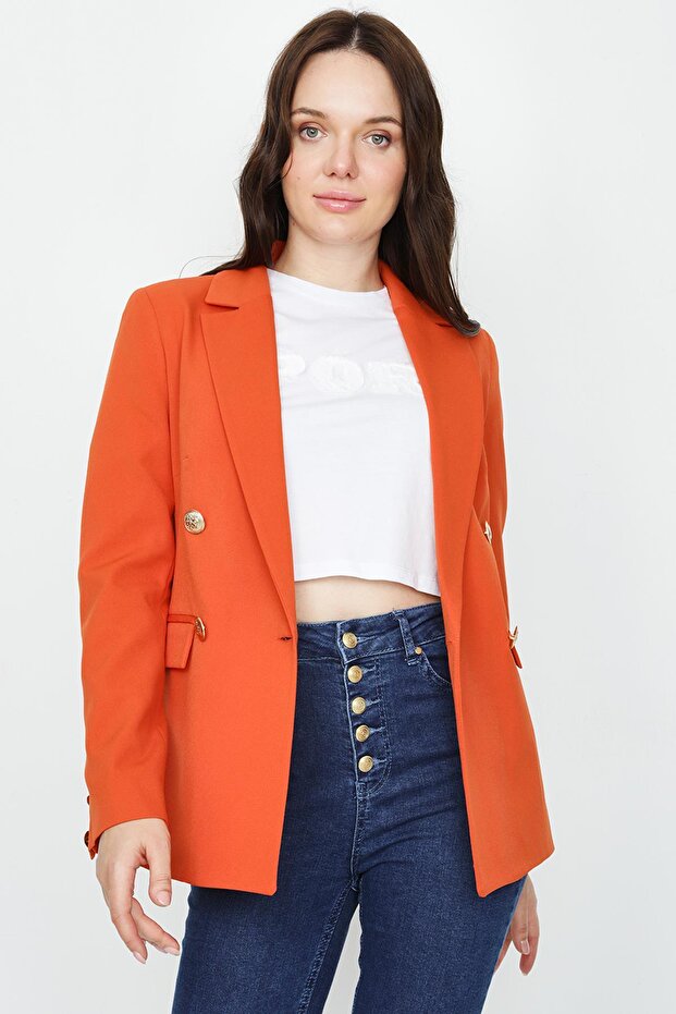 Kadın Gold Düğmeli Blazer Ceket - 2