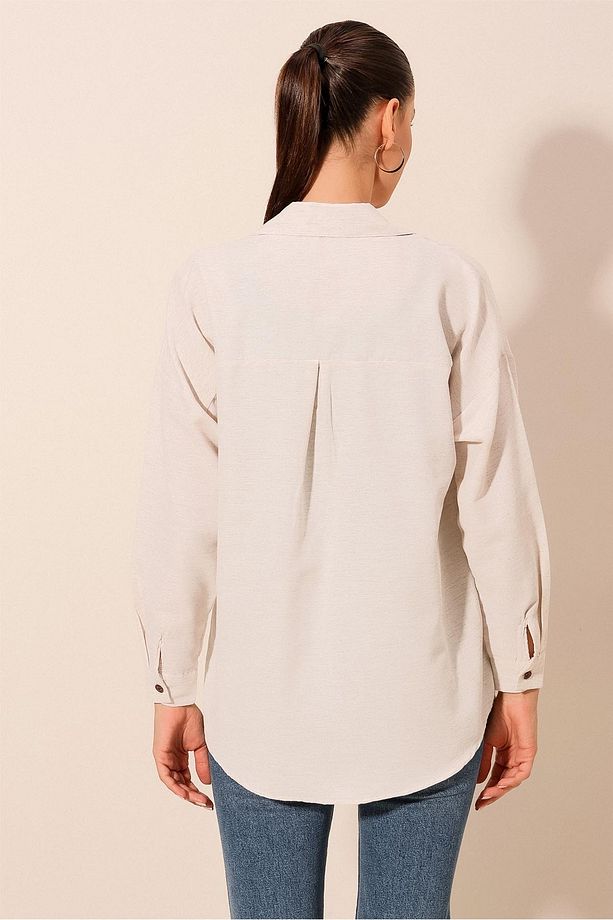 20203 Oversize Basic Keten Gömlek - Krem - 5