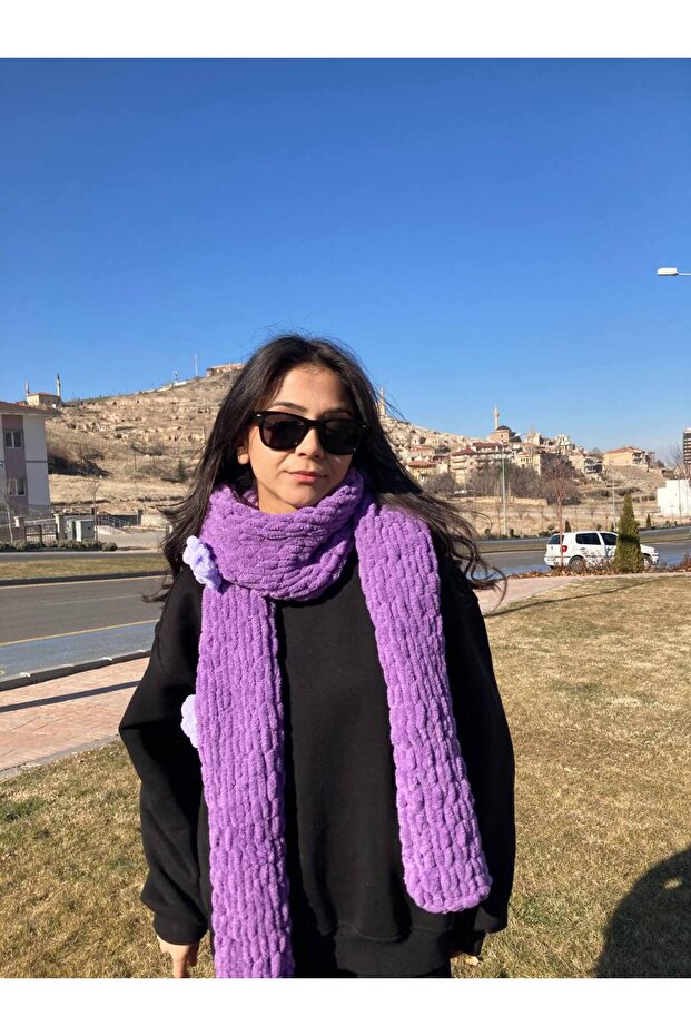 Mbcr Peluş Örgü Atkı Çiçekli - 2