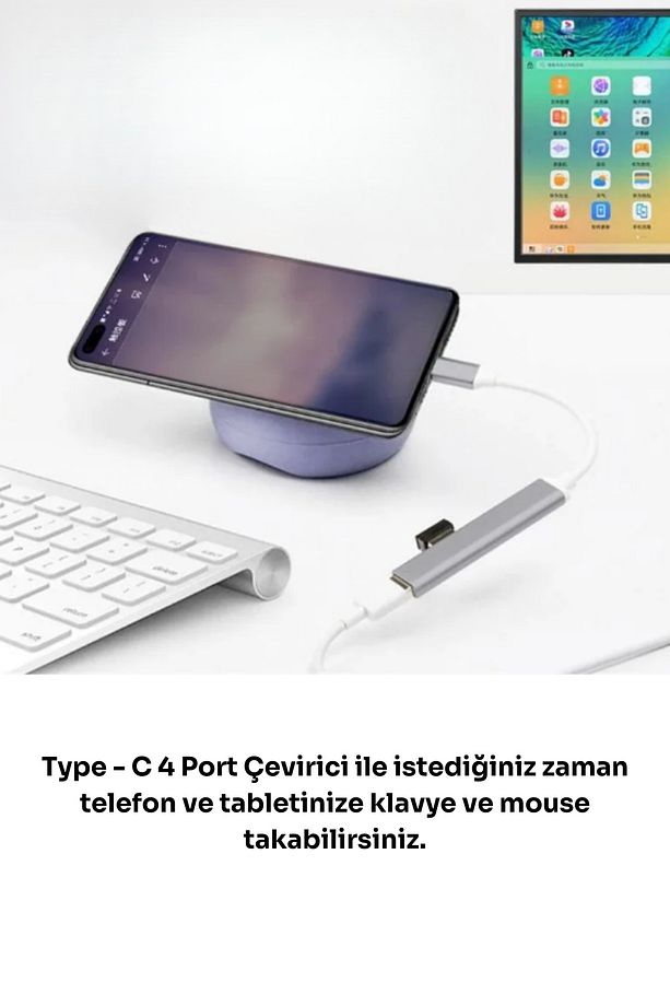 Hızlı Veri Aktarımı USB Type-C to USB 4 Port Hub Telefon ve Tablete Mouse ve Klavye Bağlama Özelliği - 2