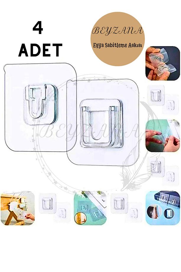 4 LÜ SET Çift Taraflı Yapışkanlı Geçmeli Klips Eşya Sabitleme Askısı Çerçeve Şeffaf Duvar Kancası - 4