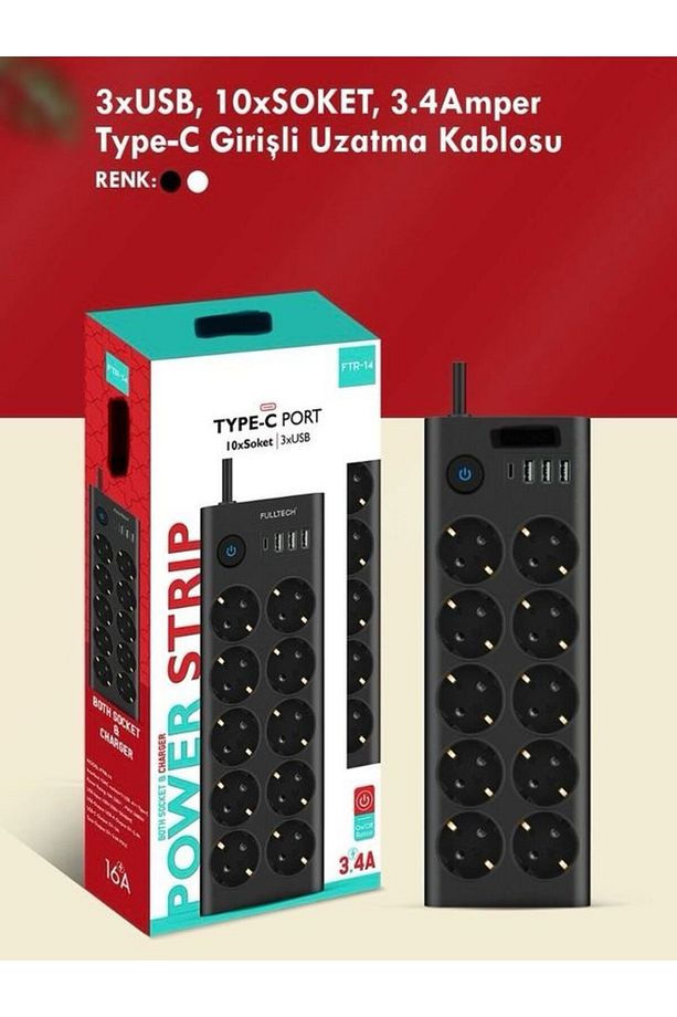 10'lu PRİZ, 3 USB, 3.4 Amper, 1 Type-C Girişli 16A Akım Korumalı Uzatma Kablolu Priz Çoklayıcı - 5