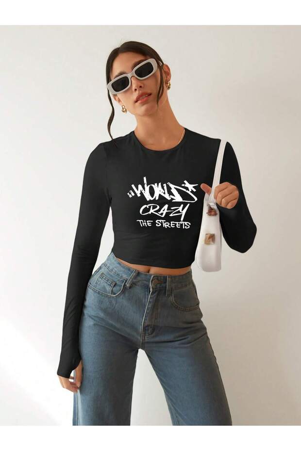 Kadın Siyah Baskılı Bisiklet Yaka Uzun Kollu Y2K Fitilli Crop Bluz - 1