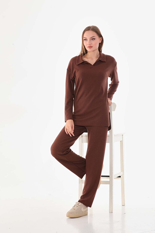 طقم بنطلون تونيك بني بنمط ملتف ومضفر - 2