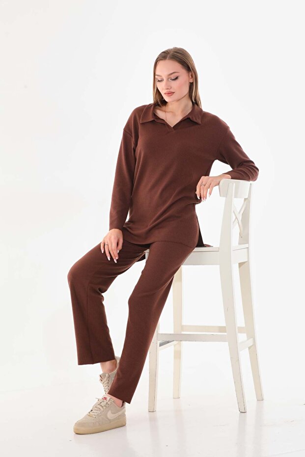 طقم بنطلون تونيك بني بنمط ملتف ومضفر - 1