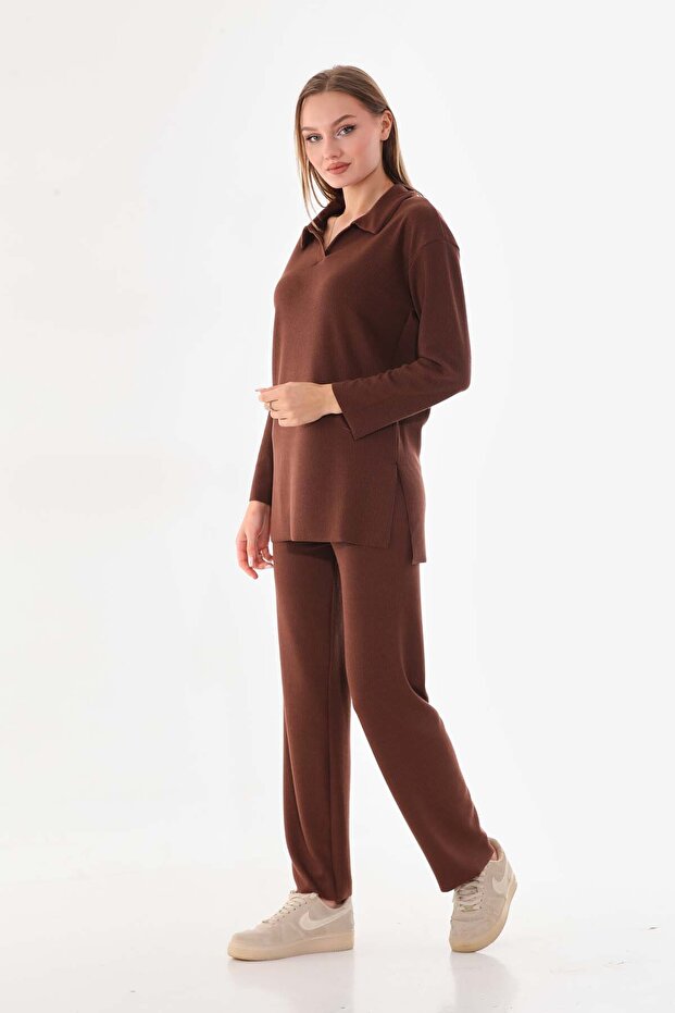 طقم بنطلون تونيك بني بنمط ملتف ومضفر - 4