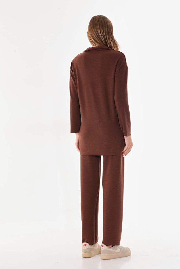 طقم بنطلون تونيك بني بنمط ملتف ومضفر - 8