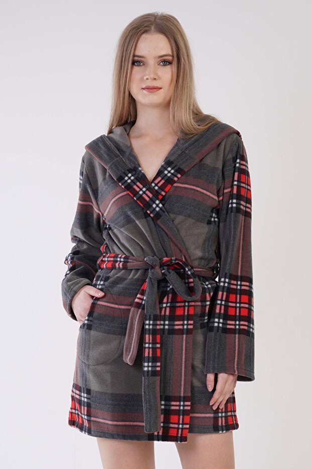 Women's Fleece Hooded Short Anthracite Dressing Gown C3T1N0O091