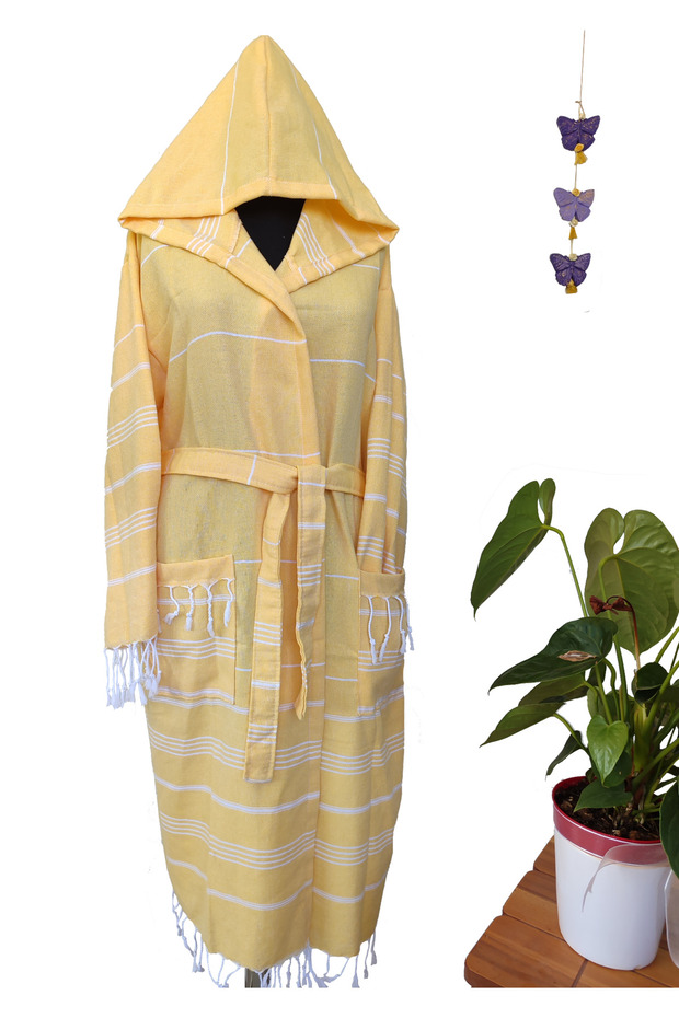 Peshtemal Bathrobe, Yellow, Nuray Pattern, 100% Cotton