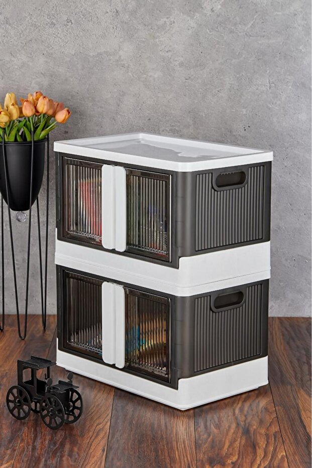 2-Piece Folding Stackable Double Lid Organizer Organizer Box Anthracite