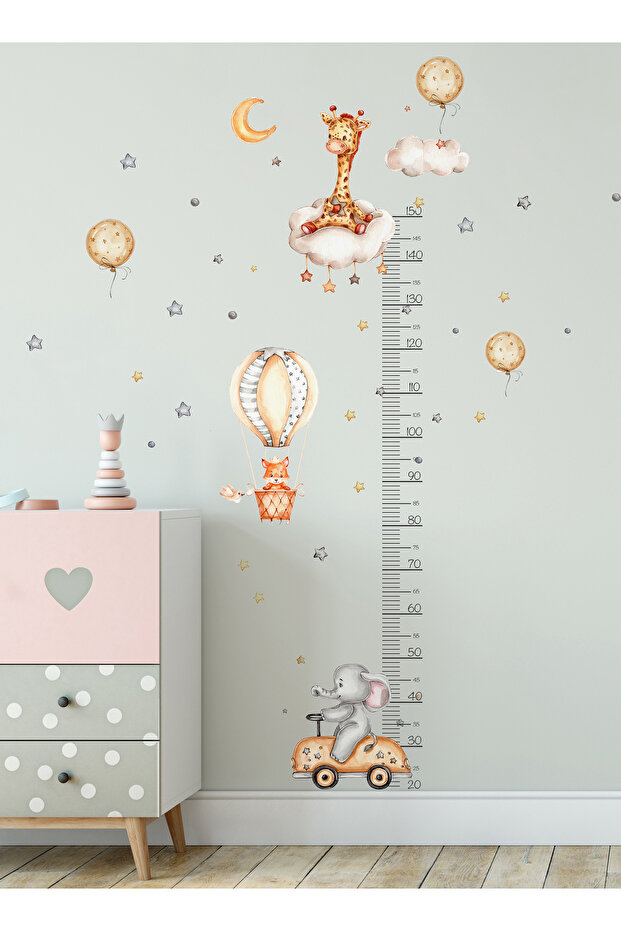 Giraffe Fox Balloon and Elephant Themed Height Meter Fun Sticker for Kids Room Wall Mirror Cabinet Door