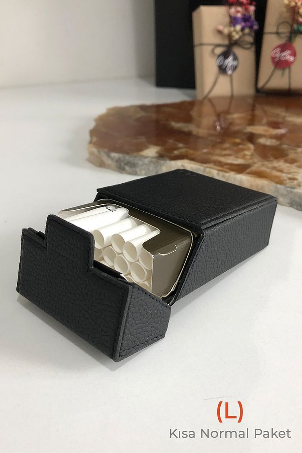 Deri Sigara Çantası - (L) Kısa Normal Paket - Aluminyum Kasa - Mıknatıslı Kapak - Sigara Tabakası - 6