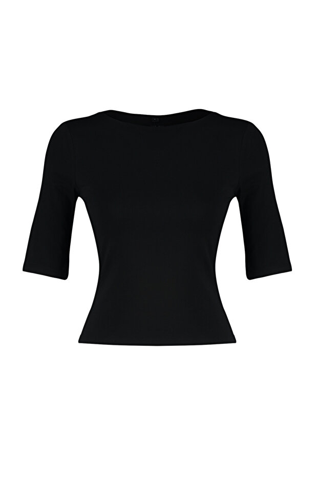 Siyah Fitted/Vücuda Oturan Kayık Yaka Kısa Kollu Pamuklu Esnek Örme Bluz TWOSS24BZ00076 - 7