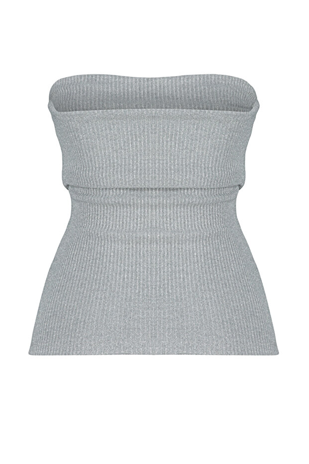 Gri Drape Detaylı Lurexli/Simli Straplez Esnek Örme Bluz TWOSS24BZ00136 - 8