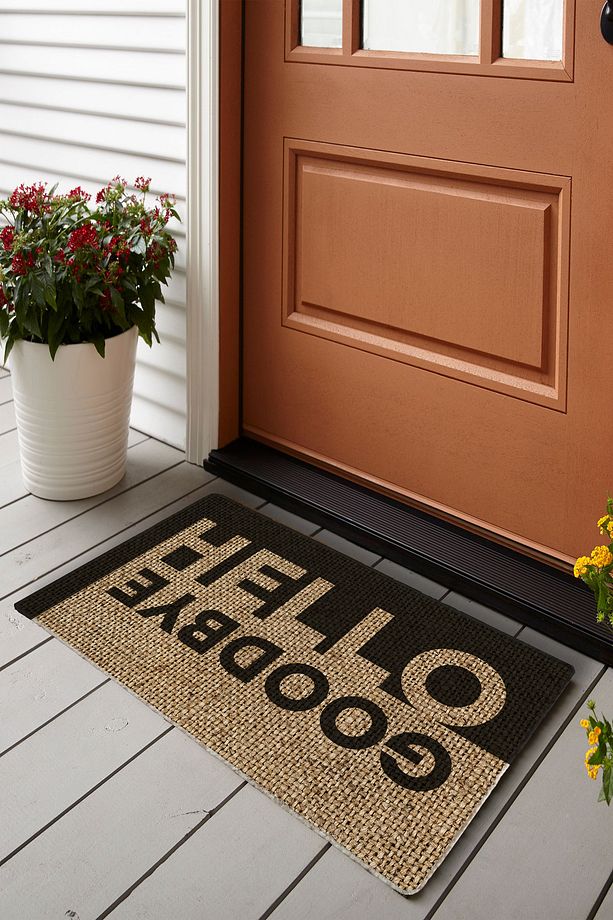Hello Goodbye Desenli Jüt Detaylı PVC Tabanlı Kalın Kapı Önü Paspası 45x75 - 1