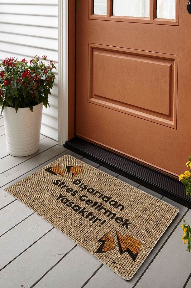 Dışarıdan Stres Getirmek Yasaktır Jüt Detaylı PVC Tabanlı Kalın Kapı Önü Paspası 45x75 - 1