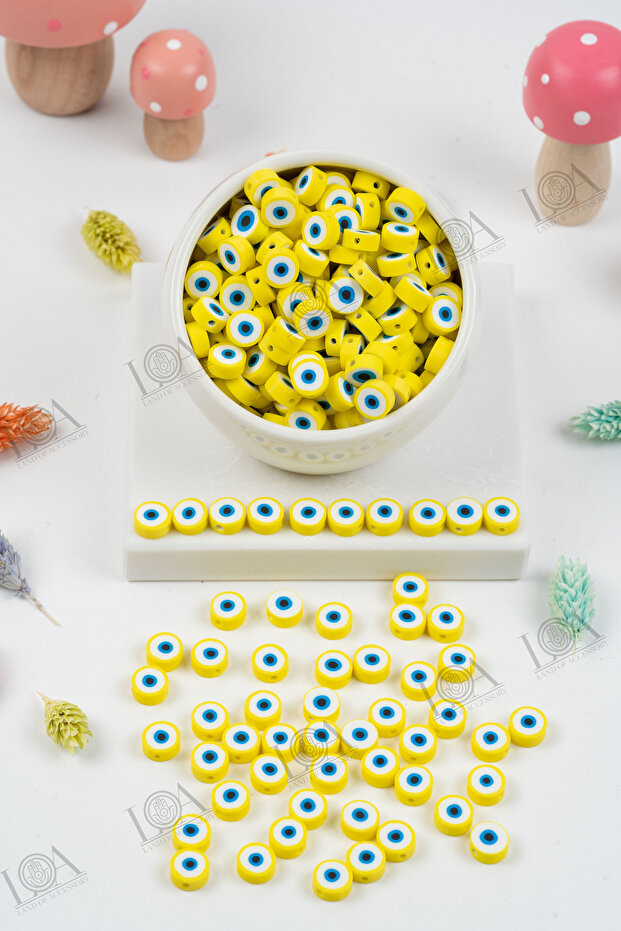 POLYMER PHYMO BEADS - YELLOW EVIL EYE BEAD PATTERNED - JEWELRY ACCESSORY - 10 PIECES