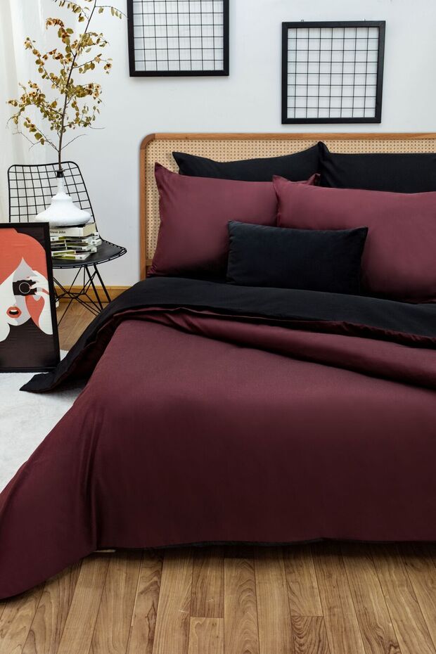 Easy Iron Double Duvet Cover Set (90X190 BLACK RUBBERED BED Sheet Comforter Cover) Claret Red