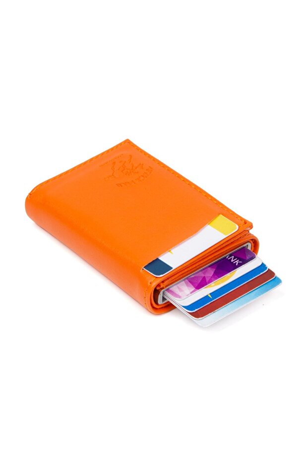 Women's Leather Sliding Card Holder Wallet, Aluminum Mechanism with Keychain Gift, Automatic Wallet