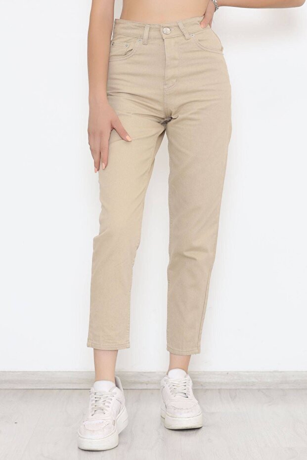 Beige Lycra Mom Jean High Waist Beige Trousers (Not Showing) 2024