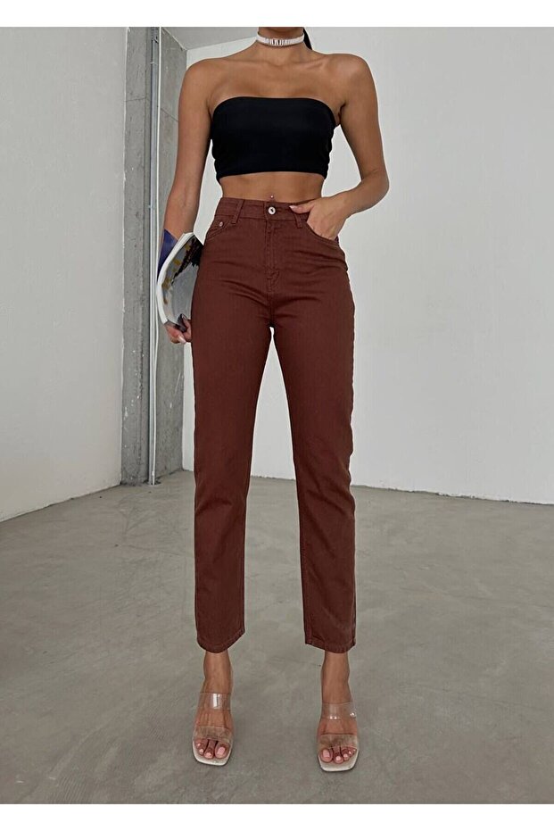 Women's Brown High Waist Soft Touch Relaxed Cut Mom Jean