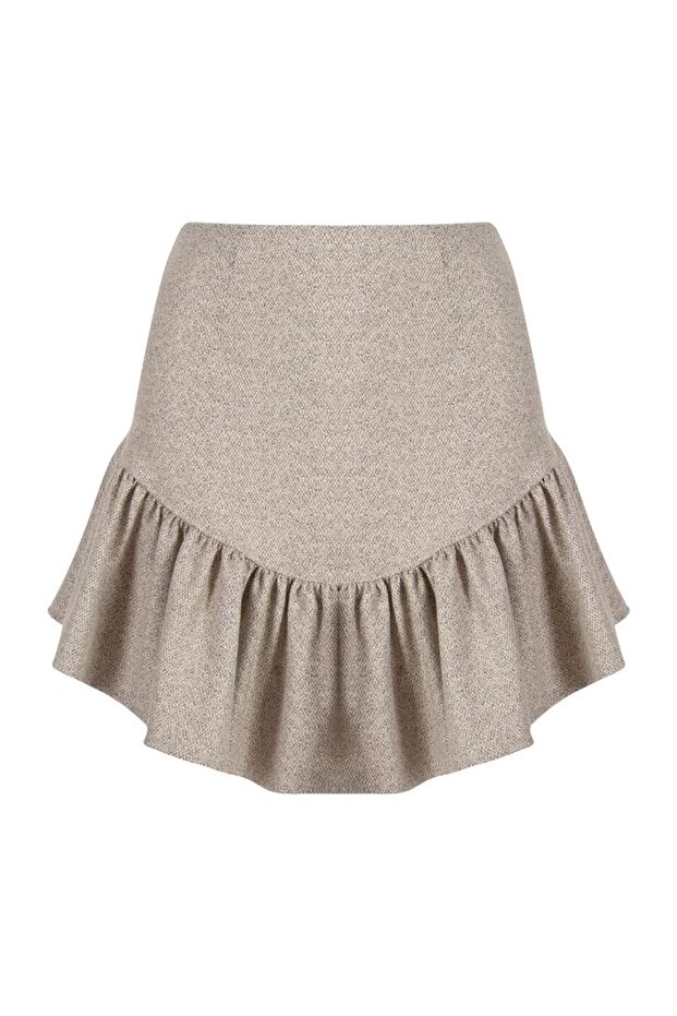 Kırçıllı Dokuma Mini Etek - Bej - 5