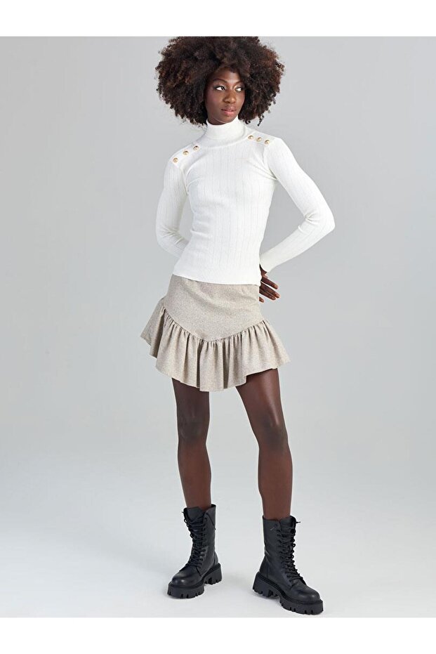 Kırçıllı Dokuma Mini Etek - Bej - 1