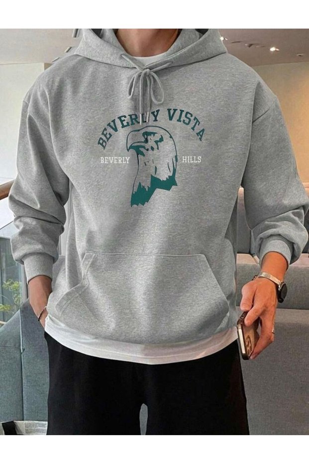 GRAY HOODED BEVEREY VİSTA PRINTED SWEATSHIRT HOODIE